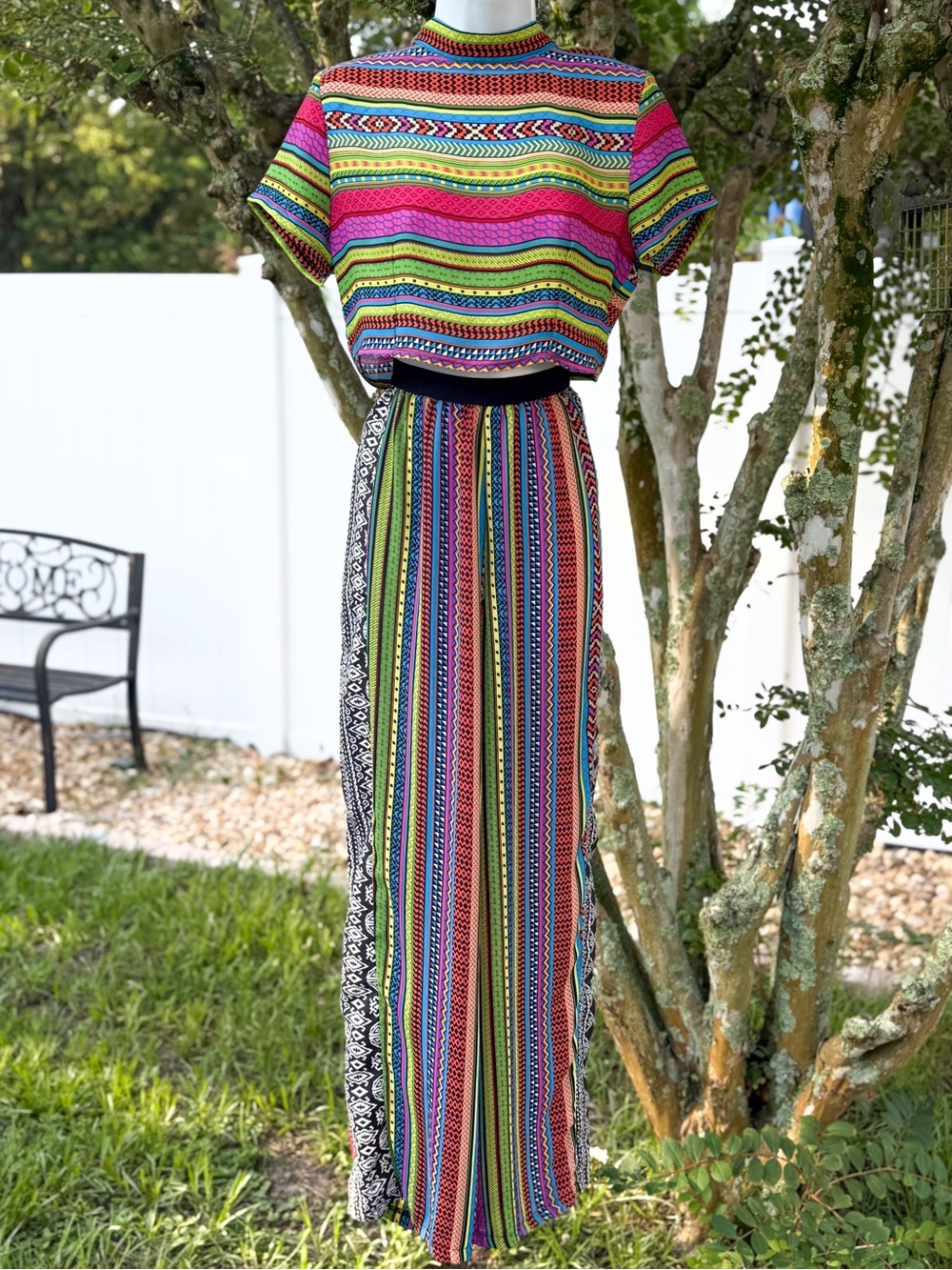 Boohoo Tribal Print Crop Top Wide Leg Pants Set Women’s US 6 Festival Boho